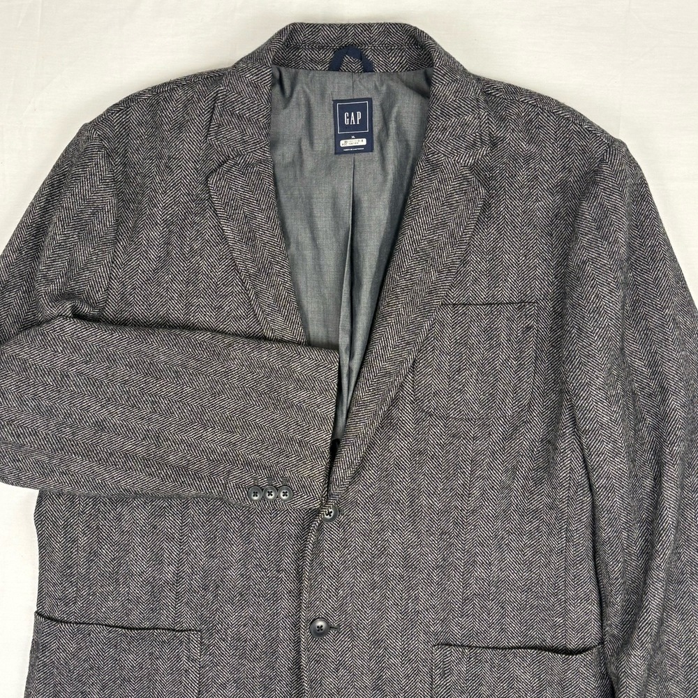 Gap XL Gray/Black Herringbone Tweed Wool Sport Coat w/Patch Pockets